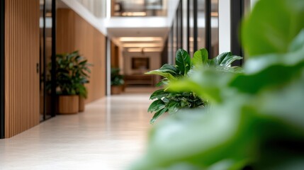 A contemporary office hallway featuring sleek wooden walls and large glass partitions, adorned with lush green indoor plants providing a touch of nature in the workspace.