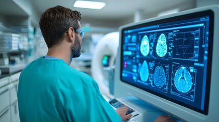 Medical professional analyzing brain scans on advanced monitor
