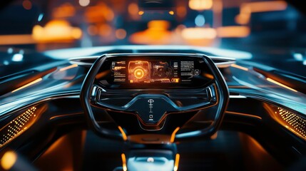 Futuristic car interior with digital dashboard and glowing lights.