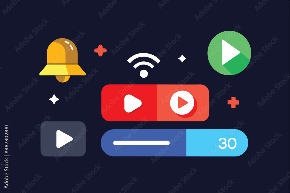 Fototapete abstract digital illustration with colorful geometric shapes, including a bell with a play button, w