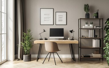 A home office setup with minimalist design principles, including a simple layout, uncluttered surfaces, and a calm, neutral color scheme.