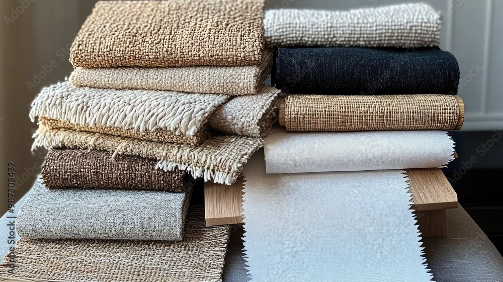 Poster a stack of various textured fabrics in neutral tones displayed for selection.