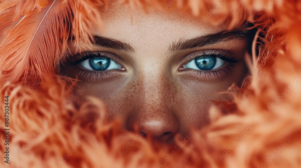 Poster Abstract image capturing the texture and color of orange feathers with a central blurred focus. The rich and vibrant hues make for a striking artistic composition.