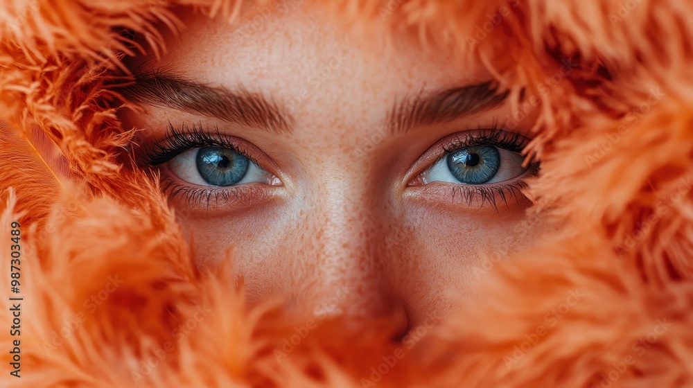 Poster stunning artwork featuring an array of orange feathers, centered around a blurred element. the vivid