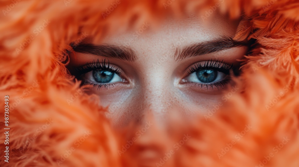 Poster artistic representation of vibrant orange feathers surrounding a blurred focal point. the image enca