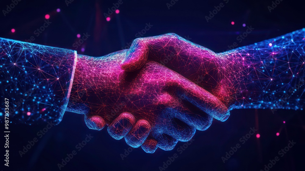 Poster abstract neon glowing handshake made of digital network lines with scattered particles in the backgr