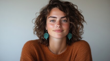 A woman with curly brown hair and freckled skin smiles warmly at the camera, adorned with teal earrings, set against a gently blurred, neutral backdrop.