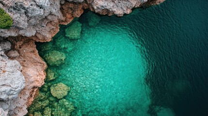 A stunning aerial view of vibrant turquoise waters meeting a rocky shoreline. The pristine water clarity highlights underwater rocks, celebrating nature's beauty.