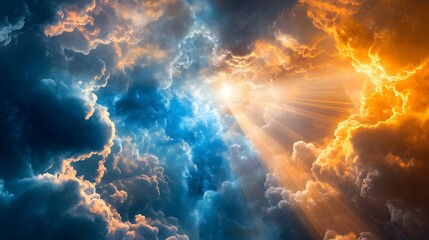 Obraz premium In the sky, there is an opening through which light shines down on Earth from above