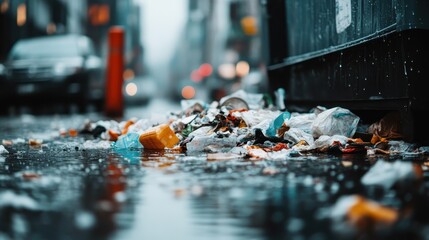 An image of a rain-soaked city street cluttered with overflowing trash, showcasing urban pollution and the impact of inadequate waste disposal on the environment.