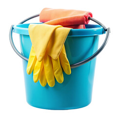 Plastic bucket with rubber gloves for isolated on transparent background
