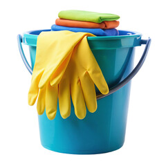 Plastic bucket with rubber gloves for isolated on transparent background