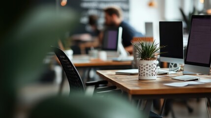 An open workspace designed with modern furniture, including computer stations and minimalistic decor, enhanced with potted plants for a touch of greenery and freshness.