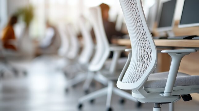 A row of sleek and modern chairs lined up in a bright and airy office space. The setting is adorned with contemporary design elements and equipped with advanced tech workstations.