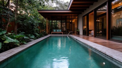 A contemporary house opens up to a beautiful backyard pool area that is surrounded by abundant greenery and tropical plants all around, giving a peaceful retreat feel.
