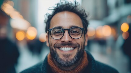A young bearded man with messy hair and wearing glasses smiles warmly, set against a backdrop of city lights captured with a bokeh effect for a cheerful vibe.