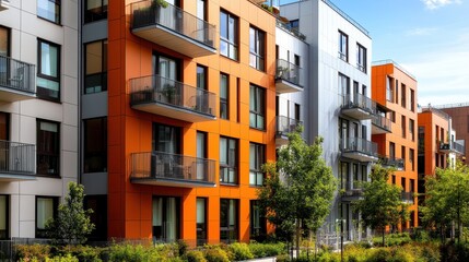 Naklejka premium A contemporary apartment building with a bright, orange facade and multiple balconies, situated in an urban area with trees and greenspace around.
