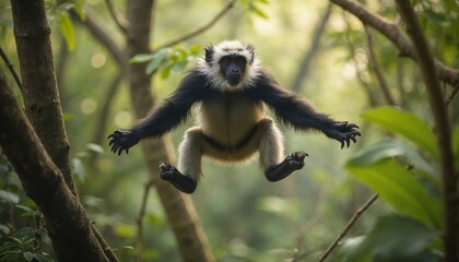Naklejka premium Leaping monkey in lush green forest showcasing agility and natural wildlife behavior in its habitat