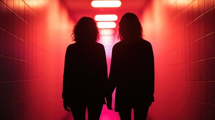 Two silhouetted figures walking hand-in-hand in a neon-lit corridor, highlighting themes of companionship, unity, and the vibrant yet mysterious undertone of their journey.