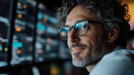A person is focused on working with several computer screens displaying various data and graphs in a dimly lit room. The ambient light creates a tech-savvy atmosphere.