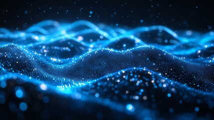 A vibrant, moving wave of light particles.  The wave glows with futuristic points of light. It's a flowing pattern of blue digital shapes, perfect for a background on data technology.