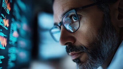 A healthcare worker is deeply engaged in analyzing important medical data on a screen. This setup likely involves advanced medical technology and precise data assessment.