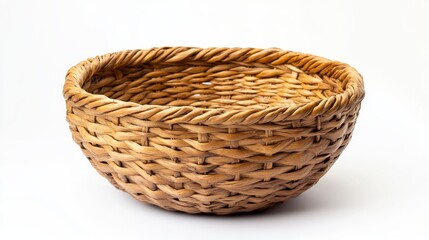 Obraz premium A woven wicker basket sits on a plain white background.