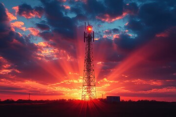 Silhouette of a Telecommunication Tower Against a Dramatic Sunset