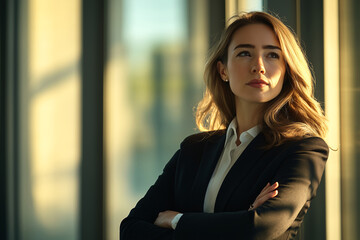 Businesswoman with long blonde hair standing in an office during sunset