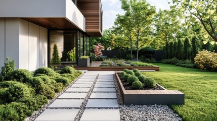 Fototapeta premium A front yard minimalist garden with clean stone paths, simple wooden planters, and well-maintained greenery, no people, no logos.