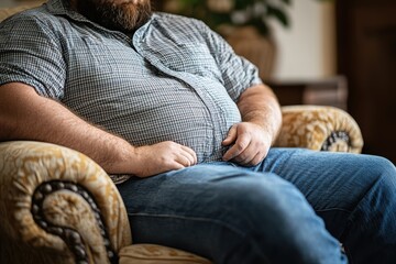 Overweight man using progressive relaxation technique for anxiety relief while sitting on a chair