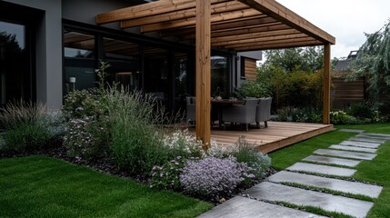 A serene outdoor patio with a wooden pergola, surrounded by a lush green garden, featuring a dining table and chairs for a relaxing experience.