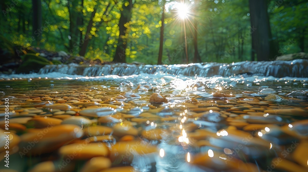 Poster a serene stream with pebbles, sunlight filtering through trees, creating a tranquil atmosphere.