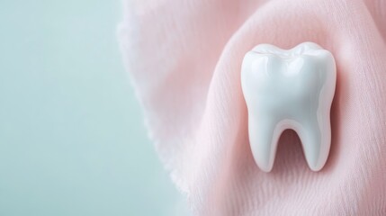 A white tooth rests on a pink fabric background, showcasing the combination of health and beauty through clean and glossy dental representation, soft texture is implied by fabric.