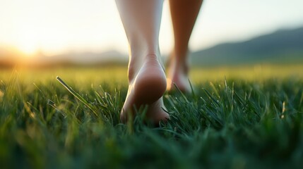 Close-up image of a person walking barefoot on soft green grass in an outdoor setting. The sunlight and grass texture emphasize the connection to nature and grounding.