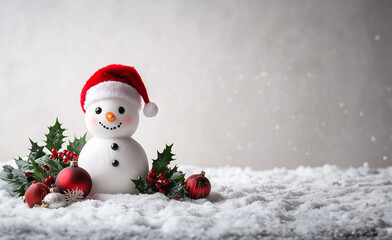 Fototapeta premium Snowman in red hat, New Year ad