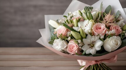 A beautiful, meticulously arranged flower bouquet featuring pink roses, white lilies, and various greens, wrapped in light pink and white paper, set on a wooden table.