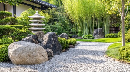 Obraz premium Japanese front yard garden with large boulders, a stone pagoda, and carefully arranged bamboo plants, no people, no logo.