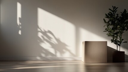 A minimalist image featuring a single cardboard box in the sunlit corner of a room with simple decor and a potted plant, symbolizing fresh starts and new beginnings.