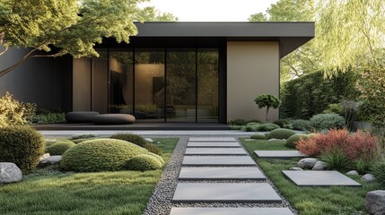 Minimalist front yard design with a monochrome color scheme, large stepping stones, and minimal plant life, no people, no logos.