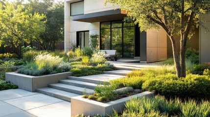 Minimalist front yard with geometric shapes, concrete planters, and low-maintenance plants, no people, no logos.