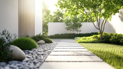 Minimalist front yard with sparse greenery, smooth stone walkways, and a white fence background, no people, no logos.