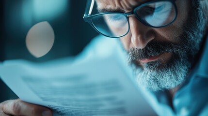 A person deeply engaged in reading a document, immersed in a thoughtful atmosphere, capturing a moment of focus and intellectual engagement in an indoor setting.