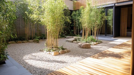 Obraz premium Minimalist Japanese garden design with small bamboo plants, raked gravel patterns, and a wooden deck entrance, no people, no logo.