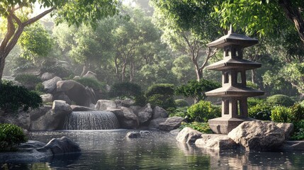 Naklejka premium Serene Japanese garden design with bonsai trees, a stone pagoda, and a water feature with gently flowing water, no people, no logo.