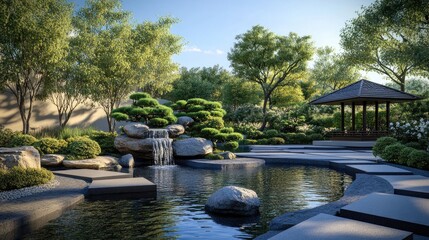 Serene Japanese garden design with bonsai trees, a stone pagoda, and a water feature with gently flowing water, no people, no logo.