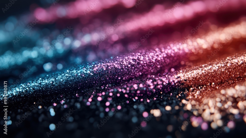 Poster a close-up image of multicolored glitter, sparkling and radiant, showcasing the fine, textured parti