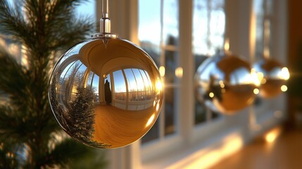 A golden Christmas ornament hanging on a room, reflecting a beautifully sunlit room with large windows and outdoor scenery. Warm and festive atmosphere