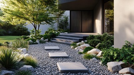 Obraz premium Simple front yard with small stone steps leading through a gravel bed with sparse, modern plants, no people, no logos.