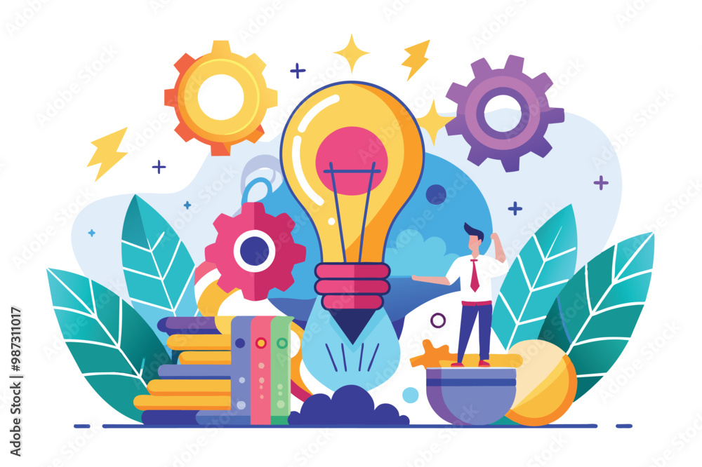 Poster an illustration of a light bulb surrounded by various objects symbolizing creativity and innovative 